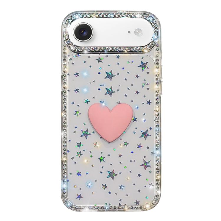 غطاء هاتف مزين بحجر الراين اللامع مزدوج الوجهين مع تصميم قلب حب IMD، لهواتف iPhone 17e / 16e، iPhone 17 Pro Max، iPhone 17 Pro، iPhone 17، iPhone Air