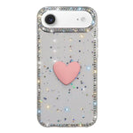 غطاء هاتف مزين بحجر الراين اللامع مزدوج الوجهين مع تصميم قلب حب IMD، لهواتف iPhone 17e / 16e، iPhone 17 Pro Max، iPhone 17 Pro، iPhone 17، iPhone Air