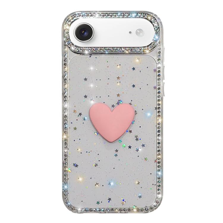غطاء هاتف مزين بحجر الراين اللامع مزدوج الوجهين مع تصميم قلب حب IMD، لهواتف iPhone 17e / 16e، iPhone 17 Pro Max، iPhone 17 Pro، iPhone 17، iPhone Air