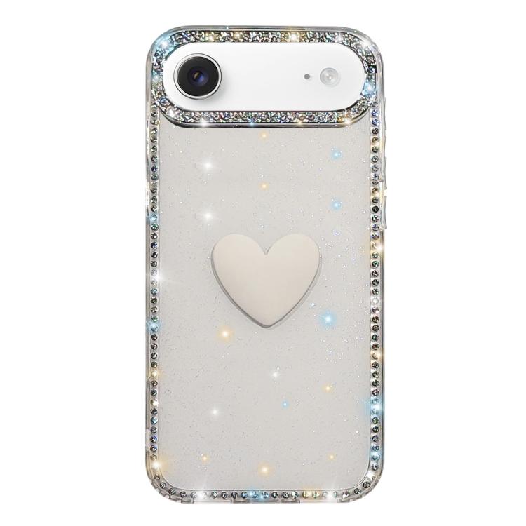 غطاء هاتف مزين بحجر الراين اللامع مزدوج الوجهين مع تصميم قلب حب IMD، لهواتف iPhone 17e / 16e، iPhone 17 Pro Max، iPhone 17 Pro، iPhone 17، iPhone Air