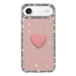 غطاء هاتف مزين بحجر الراين اللامع مزدوج الوجهين مع تصميم قلب حب IMD، لهواتف iPhone 17e / 16e، iPhone 17 Pro Max، iPhone 17 Pro، iPhone 17، iPhone Air