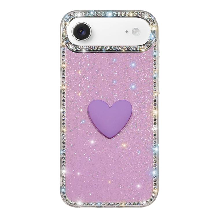 غطاء هاتف مزين بحجر الراين اللامع مزدوج الوجهين مع تصميم قلب حب IMD، لهواتف iPhone 17e / 16e، iPhone 17 Pro Max، iPhone 17 Pro، iPhone 17، iPhone Air