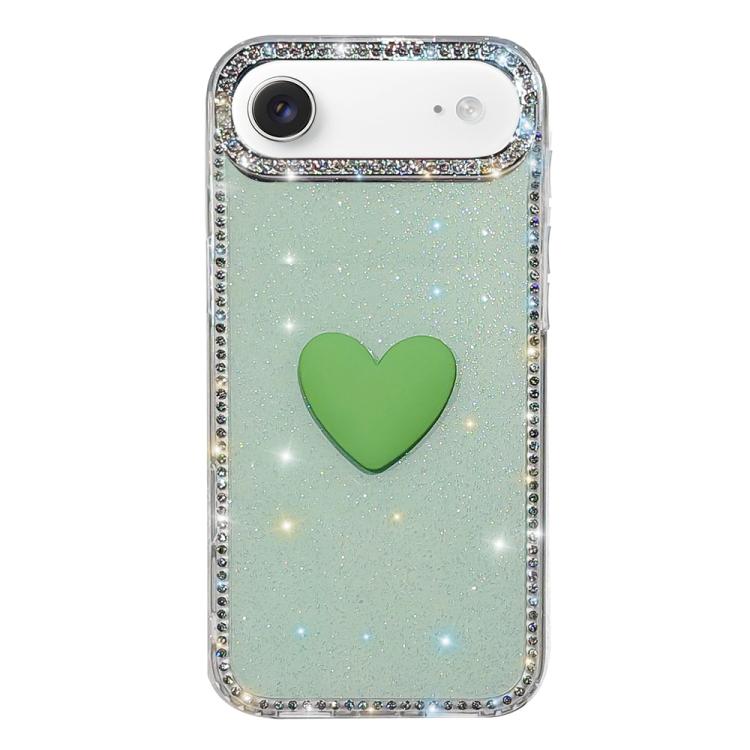 غطاء هاتف مزين بحجر الراين اللامع مزدوج الوجهين مع تصميم قلب حب IMD، لهواتف iPhone 17e / 16e، iPhone 17 Pro Max، iPhone 17 Pro، iPhone 17، iPhone Air