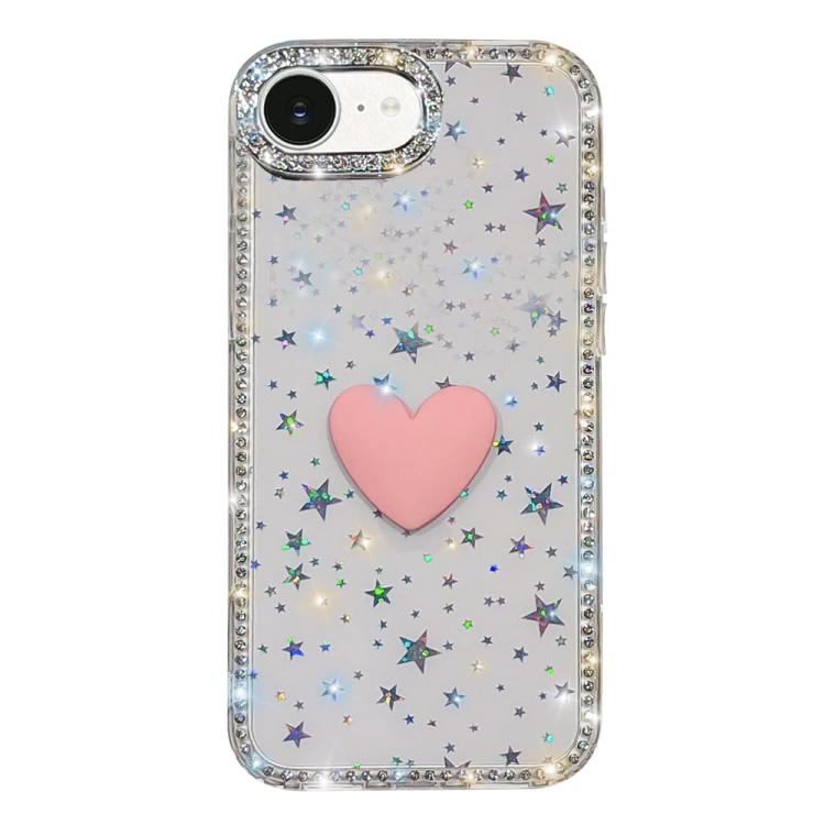 غطاء هاتف مزين بحجر الراين اللامع مزدوج الوجهين مع تصميم قلب حب IMD، لهواتف iPhone 17e / 16e، iPhone 17 Pro Max، iPhone 17 Pro، iPhone 17، iPhone Air
