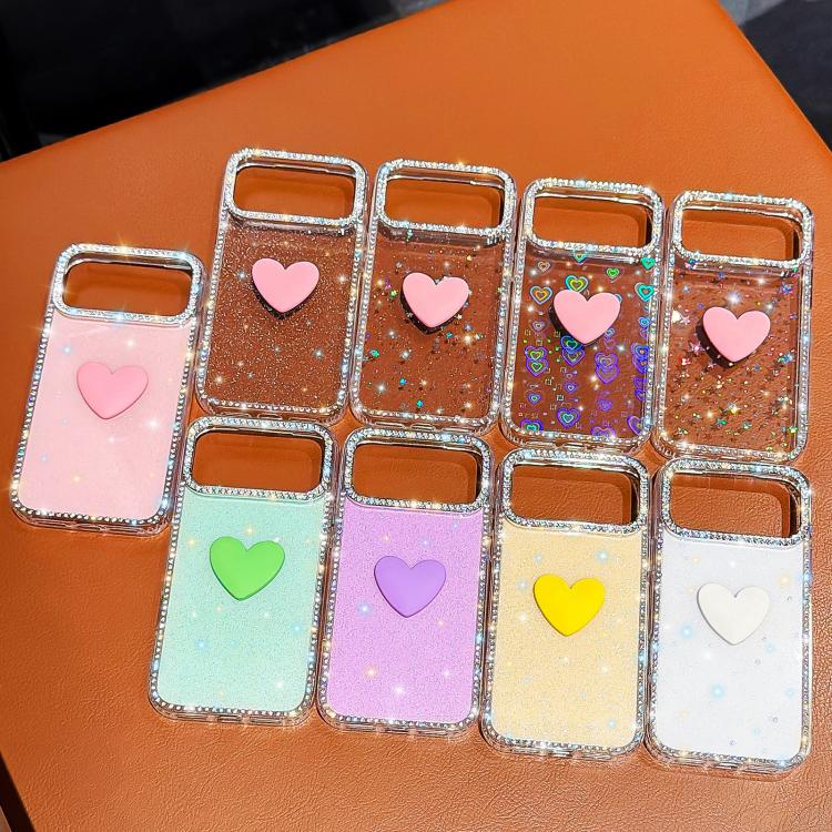 غطاء هاتف مزين بحجر الراين اللامع مزدوج الوجهين مع تصميم قلب حب IMD، لهواتف iPhone 17e / 16e، iPhone 17 Pro Max، iPhone 17 Pro، iPhone 17، iPhone Air