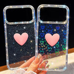 غطاء هاتف مزين بحجر الراين اللامع مزدوج الوجهين مع تصميم قلب حب IMD، لهواتف iPhone 17e / 16e، iPhone 17 Pro Max، iPhone 17 Pro، iPhone 17، iPhone Air