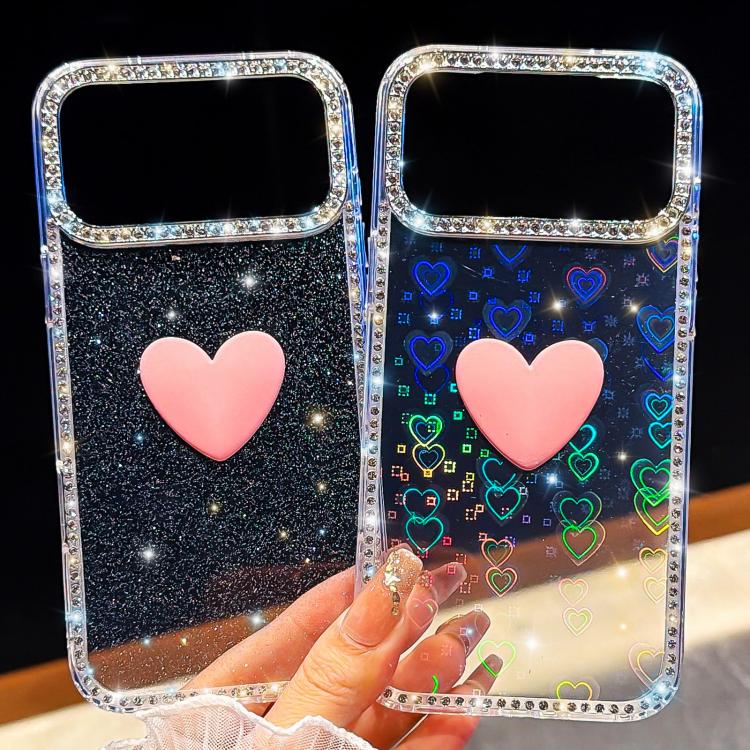 غطاء هاتف مزين بحجر الراين اللامع مزدوج الوجهين مع تصميم قلب حب IMD، لهواتف iPhone 16 Pro Max، iPhone 16 Pro، iPhone 16 Plus، iPhone 16، iPhone 15 Pro Max