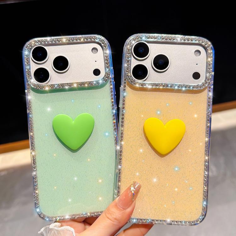 غطاء هاتف مزين بحجر الراين اللامع مزدوج الوجهين مع تصميم قلب حب IMD، لهواتف iPhone 17e / 16e، iPhone 17 Pro Max، iPhone 17 Pro، iPhone 17، iPhone Air