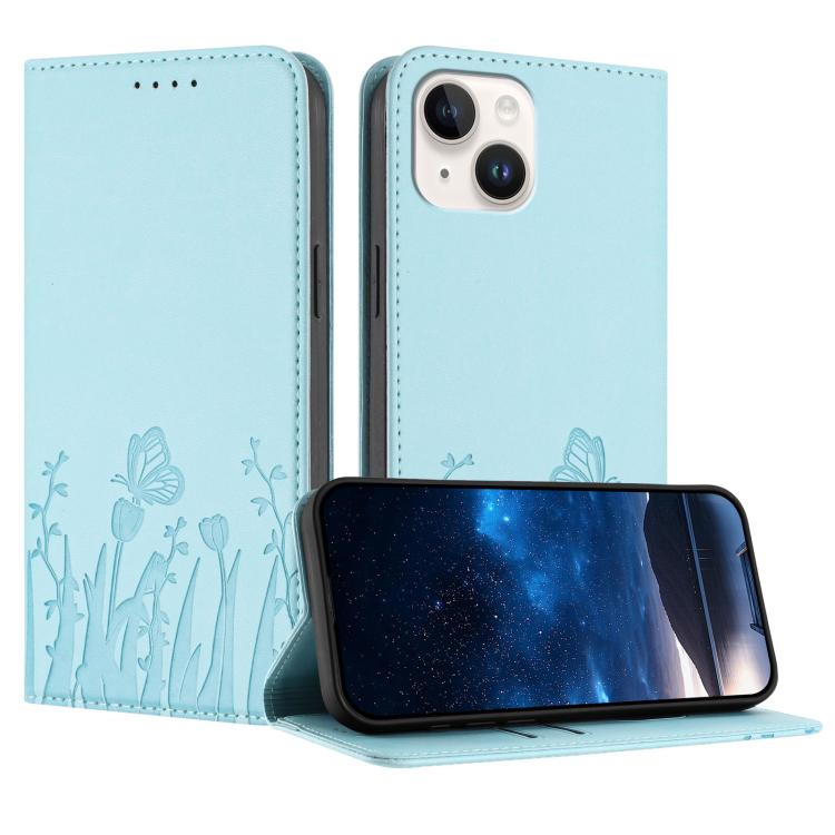غطاء هاتف من الجلد النباتي المغناطيسي بنقشة فراشات وزهور التوليب، لهواتف iPhone 15، iPhone 14 Plus، iPhone 14، iPhone 14 Pro