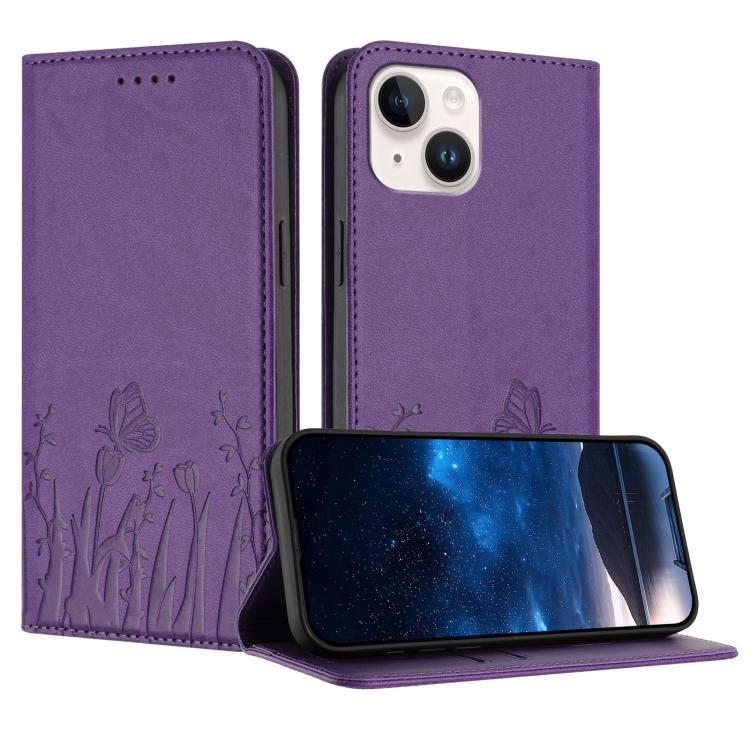 غطاء هاتف من الجلد النباتي المغناطيسي بنقشة فراشات وزهور التوليب، لهواتف iPhone 15، iPhone 14 Plus، iPhone 14، iPhone 14 Pro