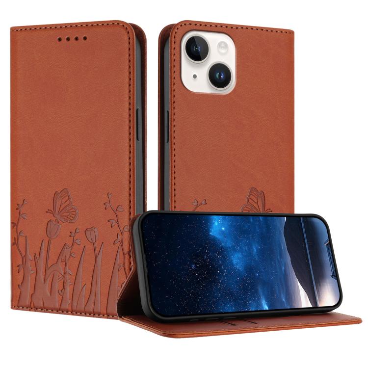 غطاء هاتف من الجلد النباتي المغناطيسي بنقشة فراشات وزهور التوليب، لهواتف iPhone 15، iPhone 14 Plus، iPhone 14، iPhone 14 Pro