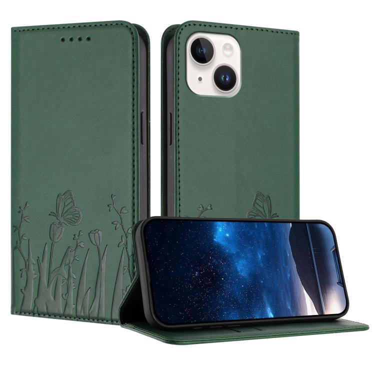 غطاء هاتف من الجلد النباتي المغناطيسي بنقشة فراشات وزهور التوليب، لهواتف iPhone 15، iPhone 14 Plus، iPhone 14، iPhone 14 Pro