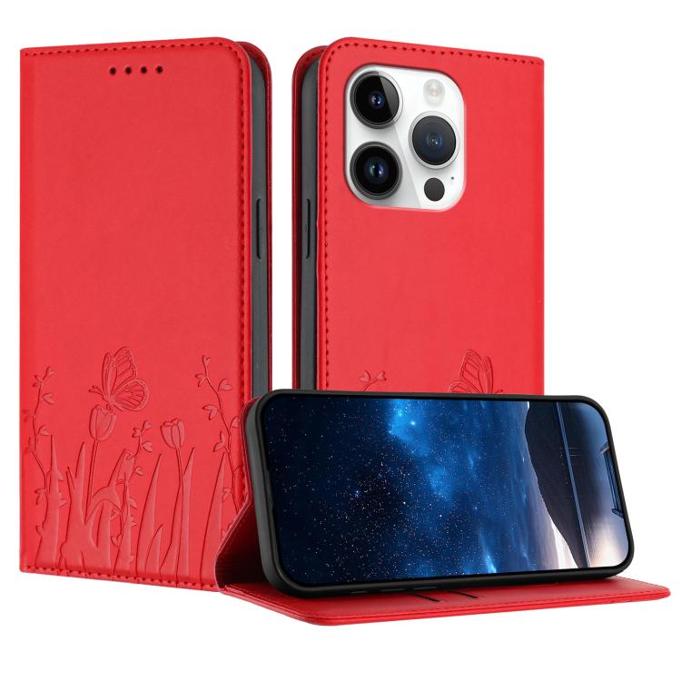 غطاء هاتف من الجلد النباتي المغناطيسي بنقشة فراشات وزهور التوليب، لهواتف iPhone 15، iPhone 14 Plus، iPhone 14، iPhone 14 Pro