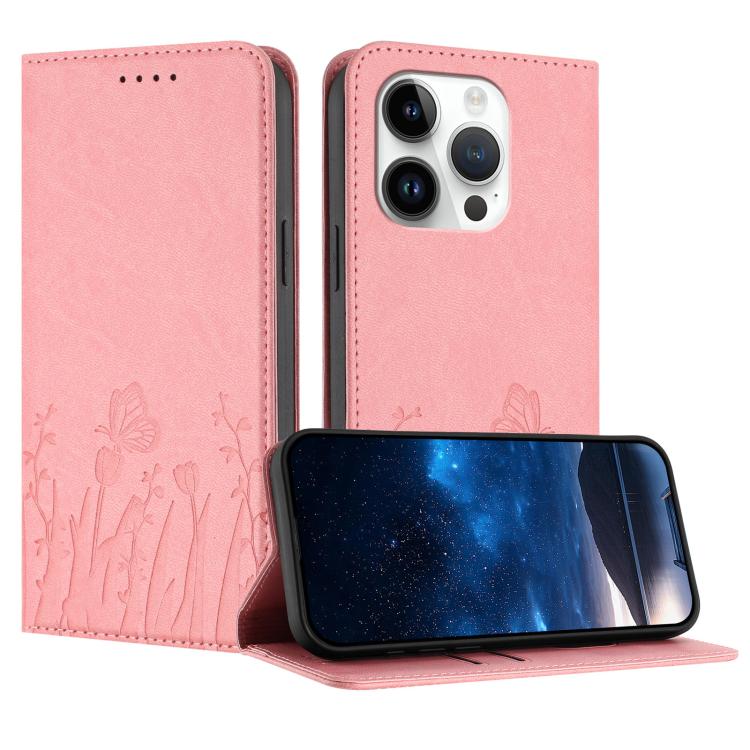 غطاء هاتف من الجلد النباتي المغناطيسي بنقشة فراشات وزهور التوليب، لهواتف iPhone 15، iPhone 14 Plus، iPhone 14، iPhone 14 Pro