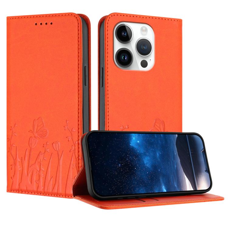 غطاء هاتف من الجلد النباتي المغناطيسي بنقشة فراشات وزهور التوليب، لهواتف iPhone 15، iPhone 14 Plus، iPhone 14، iPhone 14 Pro