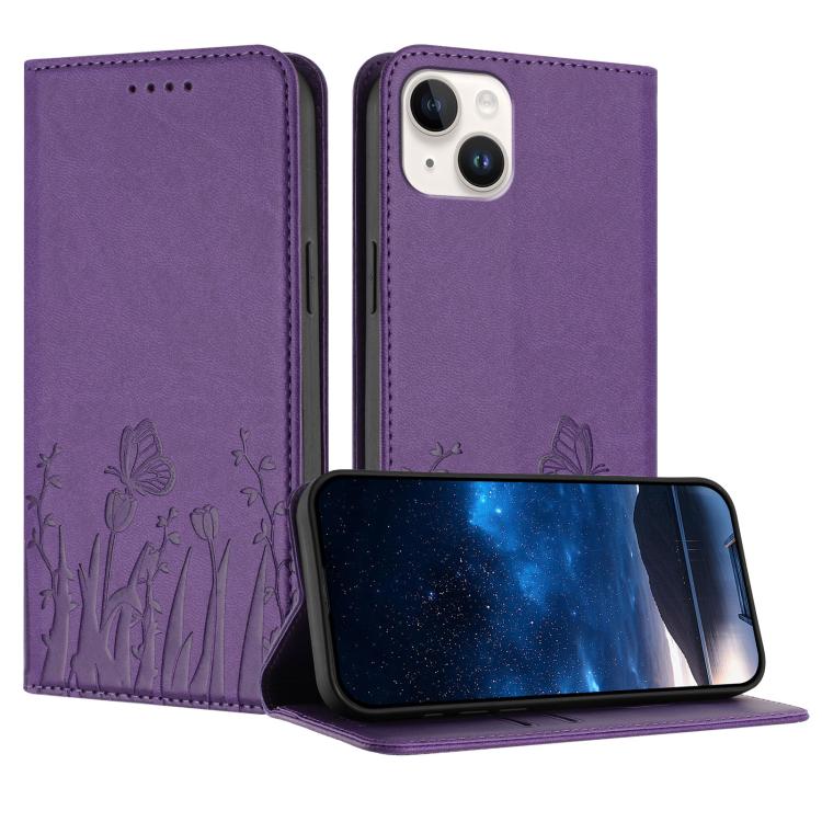 غطاء هاتف من الجلد النباتي المغناطيسي بنقشة فراشات وزهور التوليب، لهواتف iPhone 15، iPhone 14 Plus، iPhone 14، iPhone 14 Pro