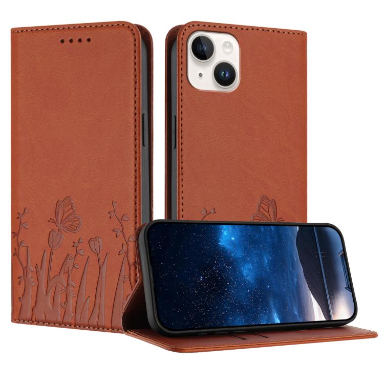 غطاء هاتف من الجلد النباتي المغناطيسي بنقشة فراشات وزهور التوليب، لهواتف iPhone 15، iPhone 14 Plus، iPhone 14، iPhone 14 Pro