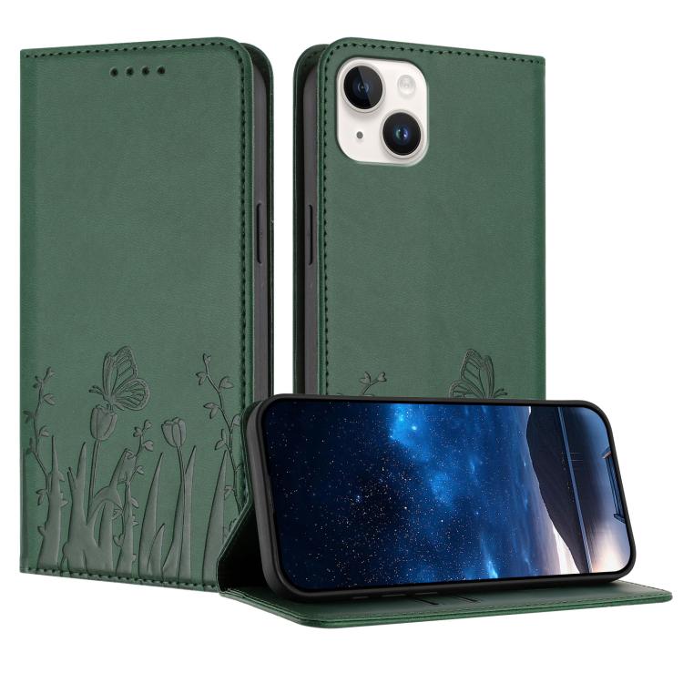 غطاء هاتف من الجلد النباتي المغناطيسي بنقشة فراشات وزهور التوليب، لهواتف iPhone 15، iPhone 14 Plus، iPhone 14، iPhone 14 Pro
