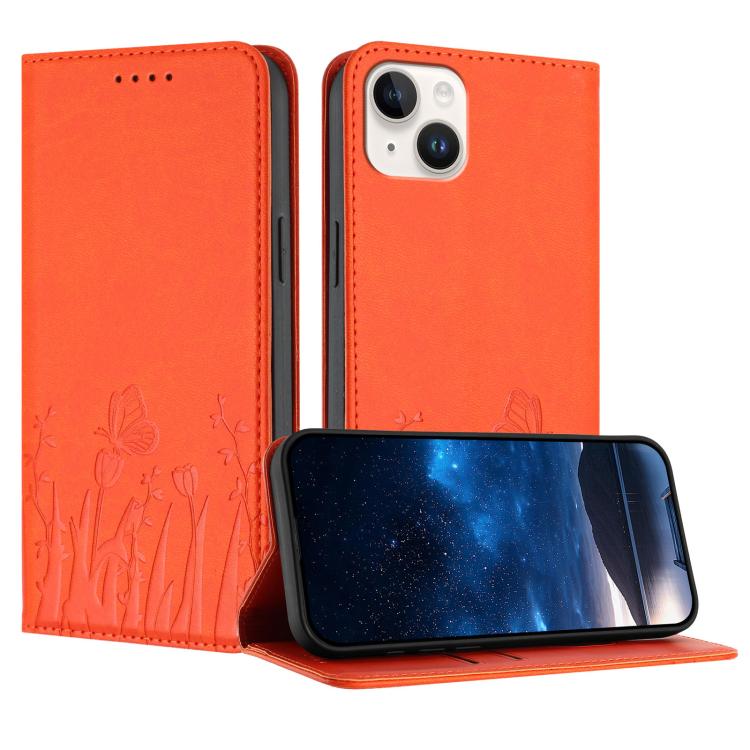 غطاء هاتف من الجلد النباتي المغناطيسي بنقشة فراشات وزهور التوليب، لهواتف iPhone 15، iPhone 14 Plus، iPhone 14، iPhone 14 Pro