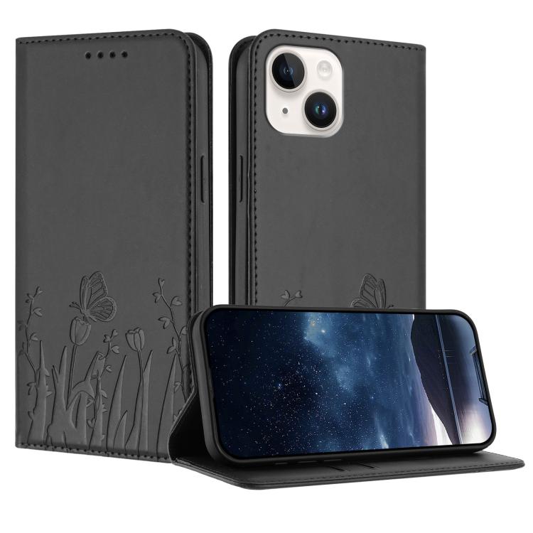 غطاء هاتف من الجلد النباتي المغناطيسي بنقشة فراشات وزهور التوليب، لهواتف iPhone 15، iPhone 14 Plus، iPhone 14، iPhone 14 Pro