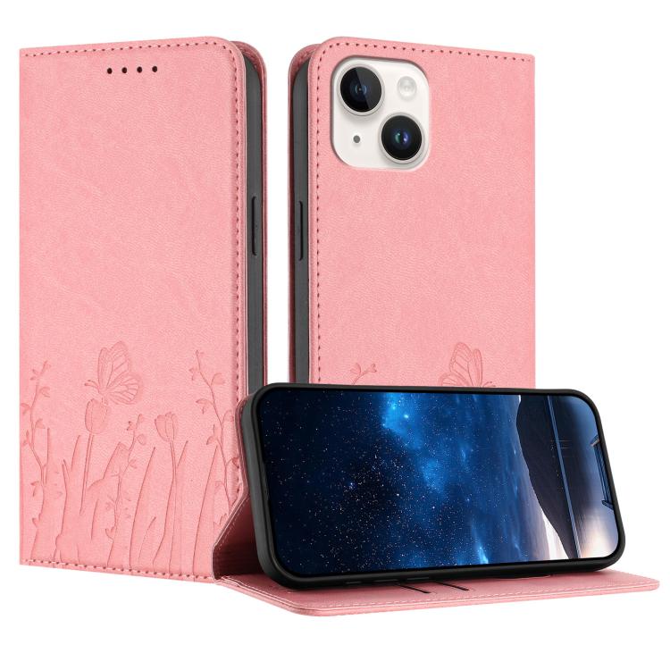 غطاء هاتف من الجلد النباتي المغناطيسي بنقشة فراشات وزهور التوليب، لهواتف iPhone 15، iPhone 14 Plus، iPhone 14، iPhone 14 Pro