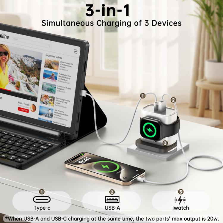 XL-16 شاحن متعدد الوظائف 3 في 1 بقوة 20W USB + Type-C لوظيفة الشحن اللاسلكي لساعة آبل، قابس: قابس أمريكي