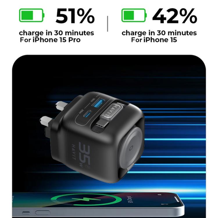 شاحن سفر GaN 3 في 1 Havit UC250 35 واط مع كابل Type-C قابل للسحب، UC250 (قابس المملكة المتحدة)