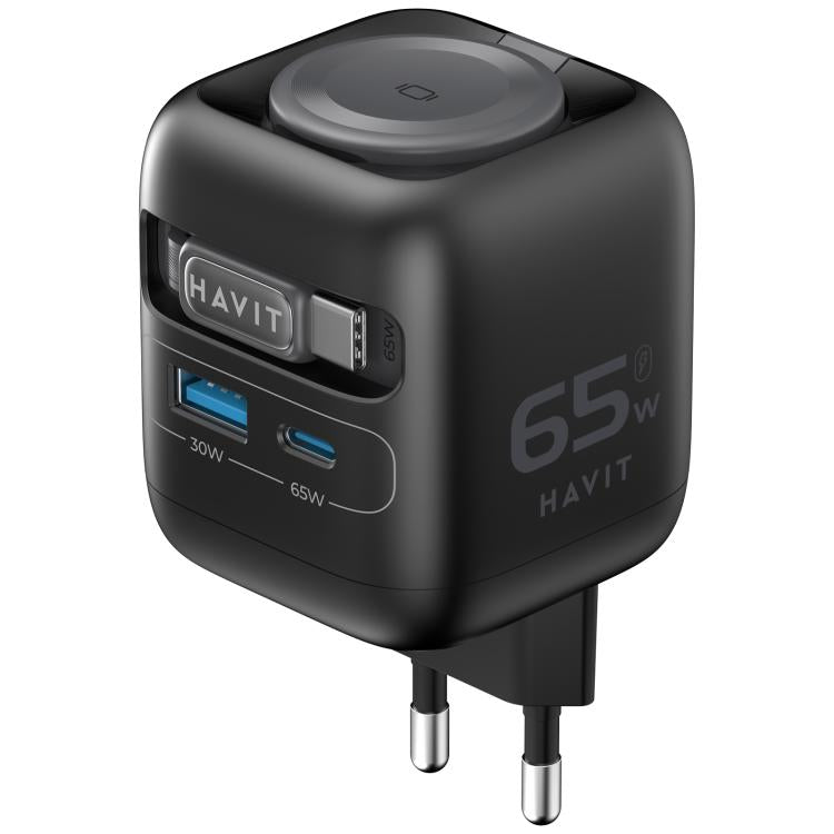 شاحن سفر Havit UC252 GaN بقوة 65 واط 3 في 1 مع كابل Type-C قابل للسحب، UC252 (قابس أوروبي)، UC252 (قابس أمريكي)