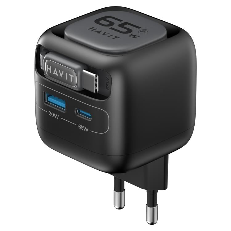 شاحن سفر Havit UC253 GaN بقوة 65 واط 3 في 1 مع كابل Type-C قابل للسحب، UC253 (قابس أوروبي)