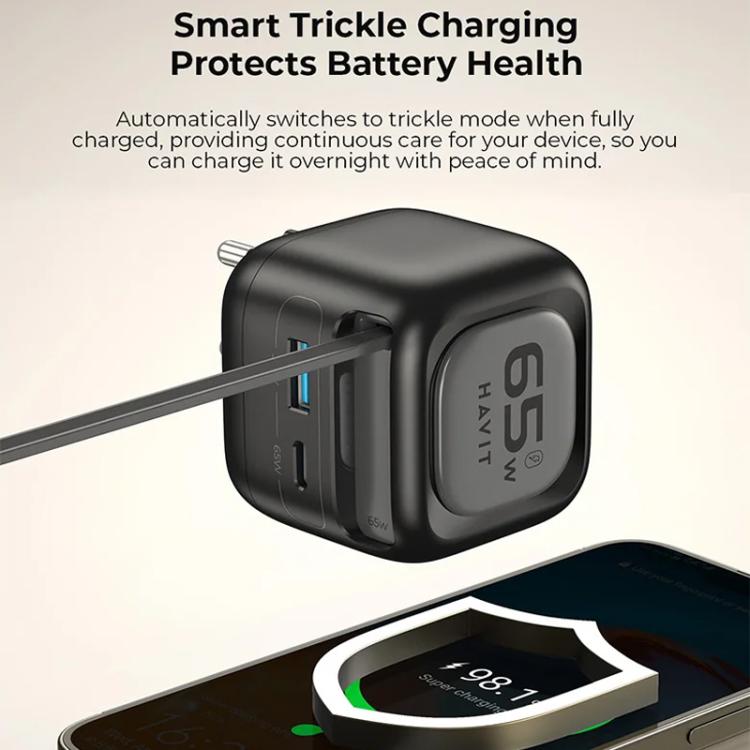 شاحن سفر Havit UC253 GaN بقوة 65 واط 3 في 1 مع كابل Type-C قابل للسحب، UC253 (قابس أوروبي)