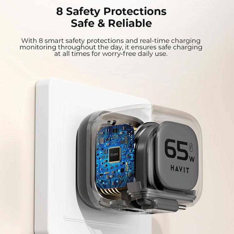 شاحن سفر Havit UC253 GaN بقوة 65 واط 3 في 1 مع كابل Type-C قابل للسحب، UC253 (قابس أوروبي)