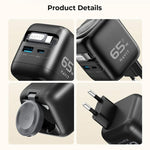 شاحن سفر Havit UC253 GaN بقوة 65 واط 3 في 1 مع كابل Type-C قابل للسحب، UC253 (قابس أوروبي)