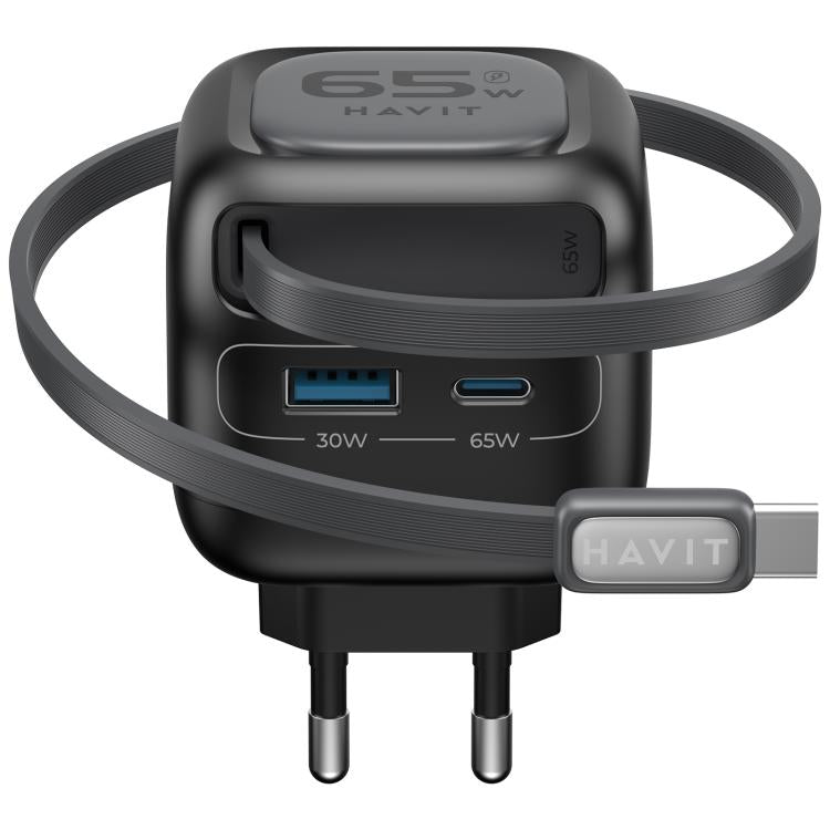 شاحن سفر Havit UC253 GaN بقوة 65 واط 3 في 1 مع كابل Type-C قابل للسحب، UC253 (قابس أوروبي)