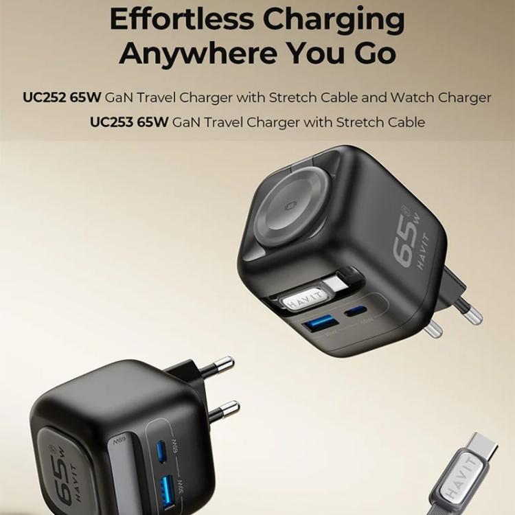 شاحن سفر Havit UC253 GaN بقوة 65 واط 3 في 1 مع كابل Type-C قابل للسحب، UC253 (قابس أوروبي)
