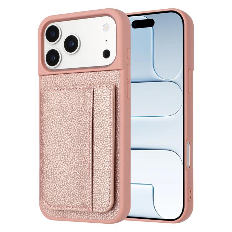 غطاء هاتف حامل بطاقة مغناطيسي بنمط الليتشي، لهواتف iPhone 17 Pro Max، iPhone 17 Pro