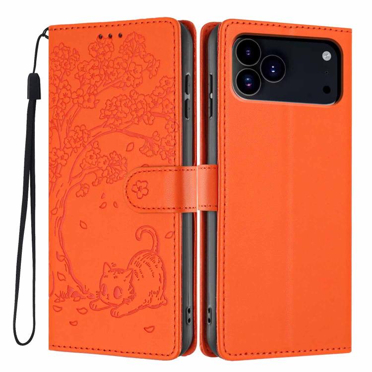 غطاء هاتف من الجلد النباتي بنقشة قطة الشجرة مع غطاء قابل للطي، لهواتف iPhone 17e / 16e، iPhone 17 Pro Max، iPhone 17 Pro، iPhone 17، iPhone Air، iPhone 16 Pro Max
