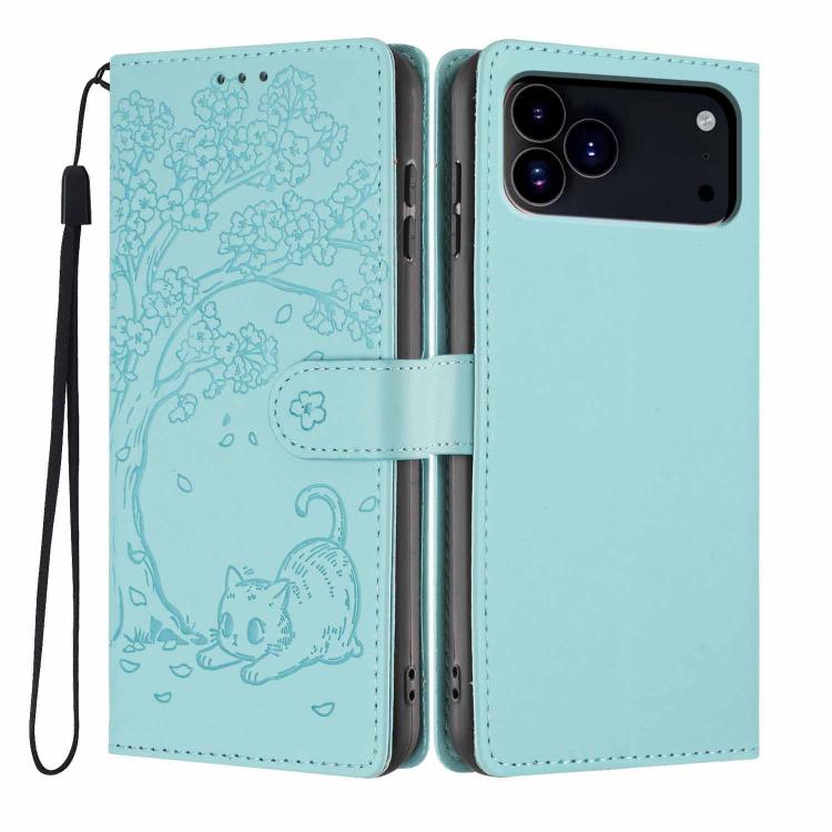 غطاء هاتف من الجلد النباتي بنقشة قطة الشجرة مع غطاء قابل للطي، لهواتف iPhone 17e / 16e، iPhone 17 Pro Max، iPhone 17 Pro، iPhone 17، iPhone Air، iPhone 16 Pro Max