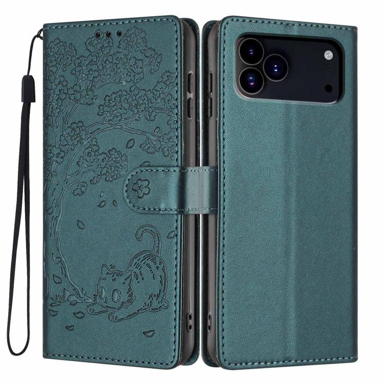 غطاء هاتف من الجلد النباتي بنقشة قطة الشجرة مع غطاء قابل للطي، لهواتف iPhone 17e / 16e، iPhone 17 Pro Max، iPhone 17 Pro، iPhone 17، iPhone Air، iPhone 16 Pro Max