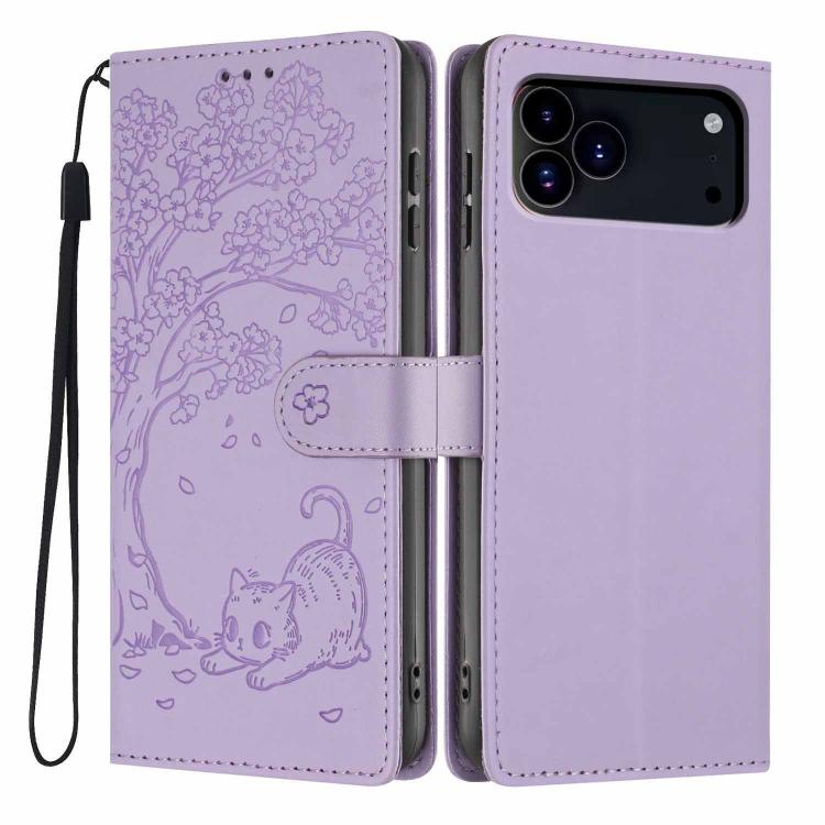 غطاء هاتف من الجلد النباتي بنقشة قطة الشجرة مع غطاء قابل للطي، لهواتف iPhone 17e / 16e، iPhone 17 Pro Max، iPhone 17 Pro، iPhone 17، iPhone Air، iPhone 16 Pro Max
