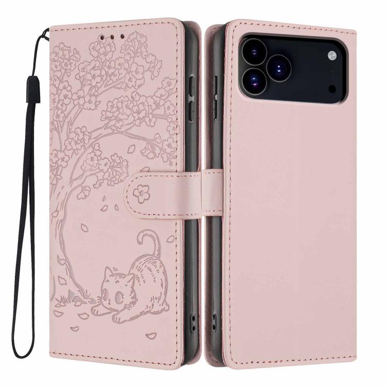 غطاء هاتف من الجلد النباتي بنقشة قطة الشجرة مع غطاء قابل للطي، لهواتف iPhone 17e / 16e، iPhone 17 Pro Max، iPhone 17 Pro، iPhone 17، iPhone Air، iPhone 16 Pro Max