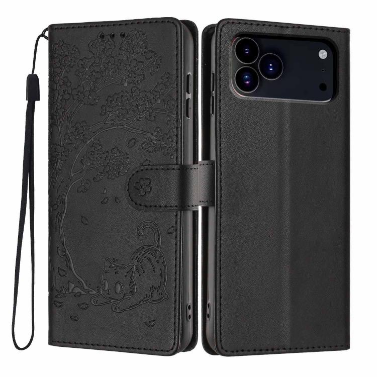 غطاء هاتف من الجلد النباتي بنقشة قطة الشجرة مع غطاء قابل للطي، لهواتف iPhone 17e / 16e، iPhone 17 Pro Max، iPhone 17 Pro، iPhone 17، iPhone Air، iPhone 16 Pro Max