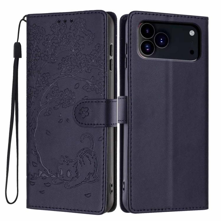 غطاء هاتف من الجلد النباتي بنقشة قطة الشجرة مع غطاء قابل للطي، لهواتف iPhone 17e / 16e، iPhone 17 Pro Max، iPhone 17 Pro، iPhone 17، iPhone Air، iPhone 16 Pro Max