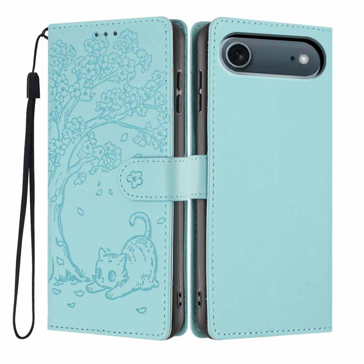 غطاء هاتف من الجلد النباتي بنقشة قطة الشجرة مع غطاء قابل للطي، لهواتف iPhone 17e / 16e، iPhone 17 Pro Max، iPhone 17 Pro، iPhone 17، iPhone Air، iPhone 16 Pro Max
