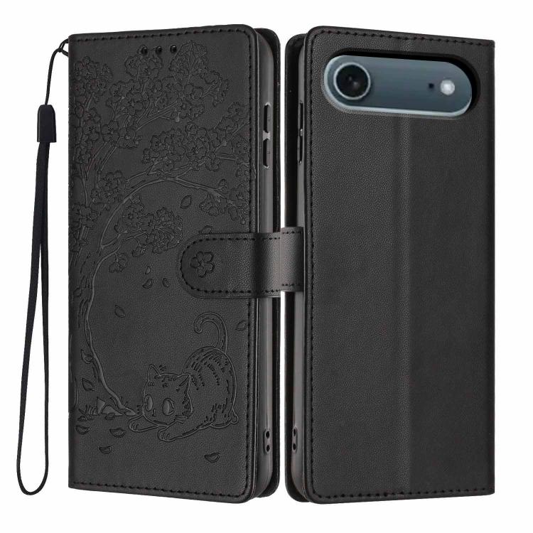 غطاء هاتف من الجلد النباتي بنقشة قطة الشجرة مع غطاء قابل للطي، لهواتف iPhone 17e / 16e، iPhone 17 Pro Max، iPhone 17 Pro، iPhone 17، iPhone Air، iPhone 16 Pro Max