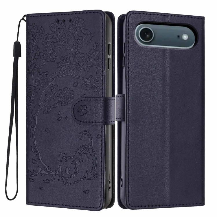 غطاء هاتف من الجلد النباتي بنقشة قطة الشجرة مع غطاء قابل للطي، لهواتف iPhone 17e / 16e، iPhone 17 Pro Max، iPhone 17 Pro، iPhone 17، iPhone Air، iPhone 16 Pro Max