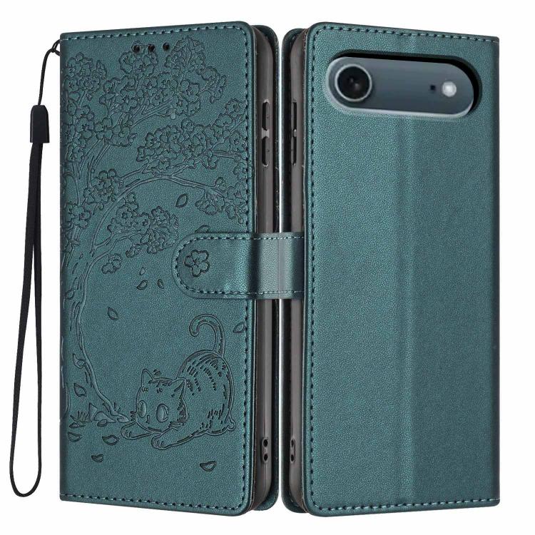 غطاء هاتف من الجلد النباتي بنقشة قطة الشجرة مع غطاء قابل للطي، لهواتف iPhone 17e / 16e، iPhone 17 Pro Max، iPhone 17 Pro، iPhone 17، iPhone Air، iPhone 16 Pro Max