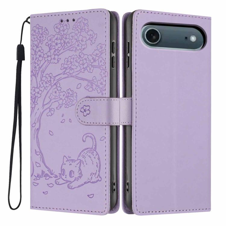 غطاء هاتف من الجلد النباتي بنقشة قطة الشجرة مع غطاء قابل للطي، لهواتف iPhone 17e / 16e، iPhone 17 Pro Max، iPhone 17 Pro، iPhone 17، iPhone Air، iPhone 16 Pro Max