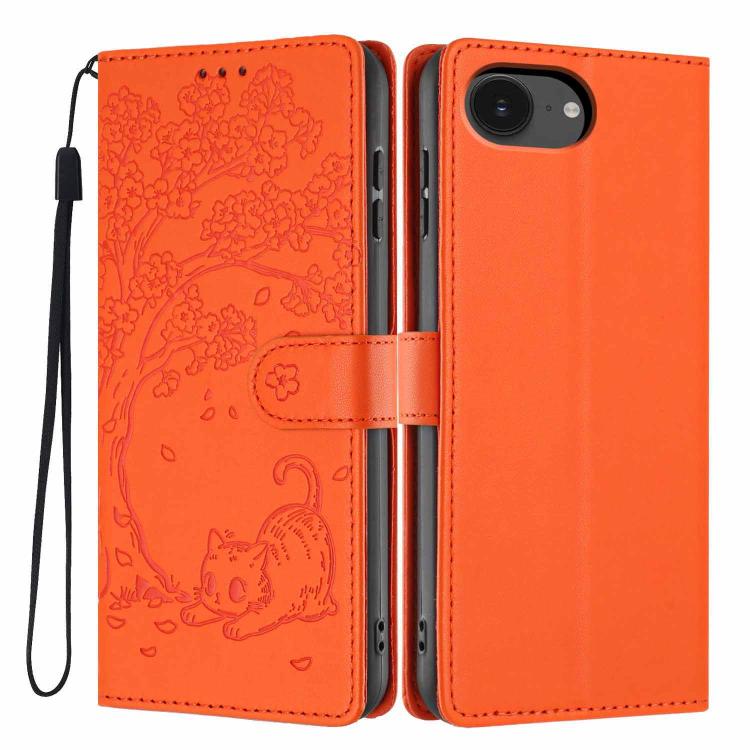 غطاء هاتف من الجلد النباتي بنقشة قطة الشجرة مع غطاء قابل للطي، لهواتف iPhone 17e / 16e، iPhone 17 Pro Max، iPhone 17 Pro، iPhone 17، iPhone Air، iPhone 16 Pro Max