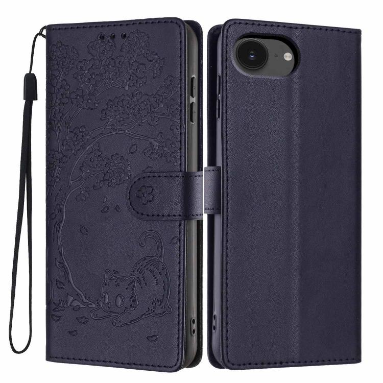 غطاء هاتف من الجلد النباتي بنقشة قطة الشجرة مع غطاء قابل للطي، لهواتف iPhone 17e / 16e، iPhone 17 Pro Max، iPhone 17 Pro، iPhone 17، iPhone Air، iPhone 16 Pro Max