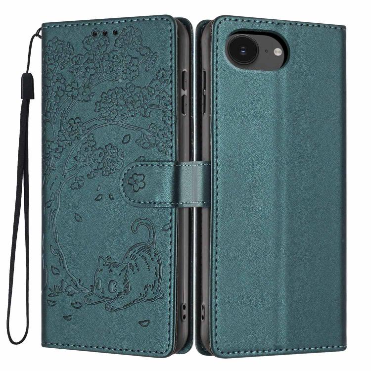 غطاء هاتف من الجلد النباتي بنقشة قطة الشجرة مع غطاء قابل للطي، لهواتف iPhone 17e / 16e، iPhone 17 Pro Max، iPhone 17 Pro، iPhone 17، iPhone Air، iPhone 16 Pro Max